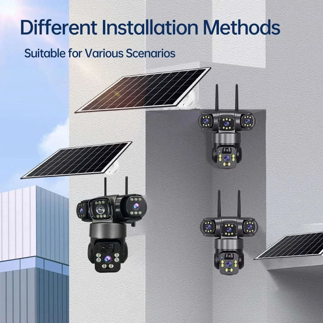 Solar PTZ Security Camera with Triple Lens and Triple Screens-4G Sim Cam 256g Card