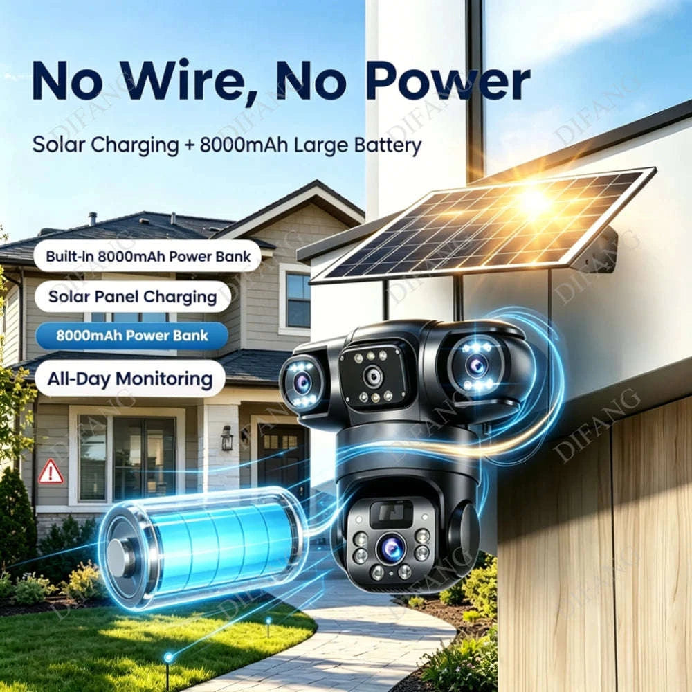 Solar PTZ Security Camera with Triple Lens and Triple Screens-4G Sim Cam 256g Card