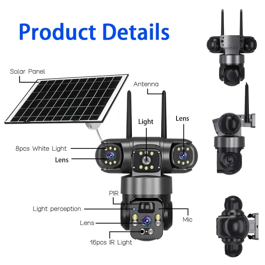 Solar PTZ Security Camera with Triple Lens and Triple Screens-4G Sim Cam 256g Card
