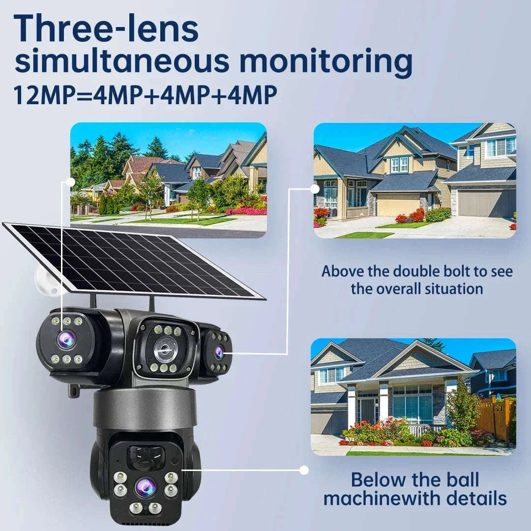 Solar PTZ Security Camera with Triple Lens and Triple Screens-4G Sim Cam 256g Card