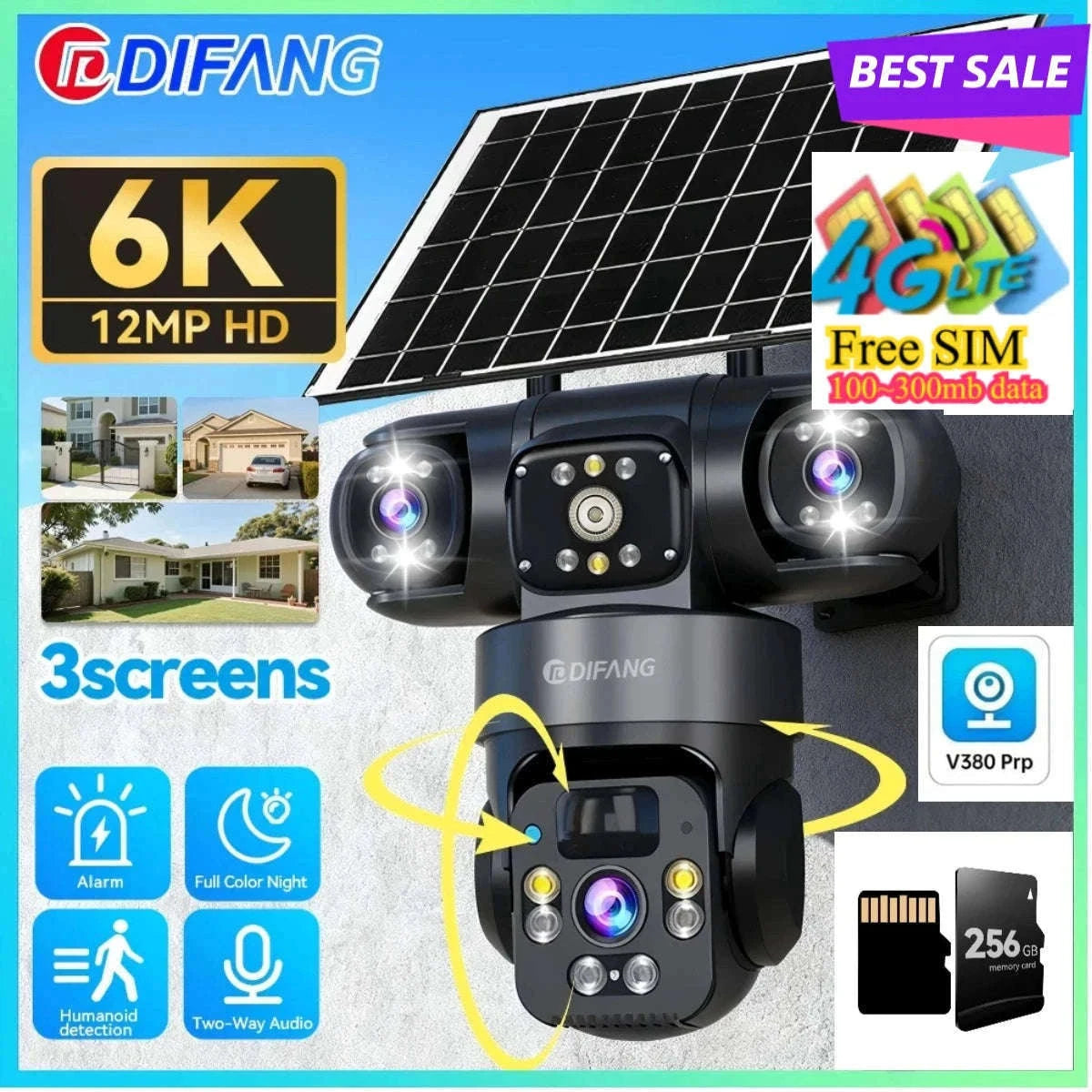 Solar PTZ Security Camera with Triple Lens and Triple Screens-4G Sim Cam 256g Card