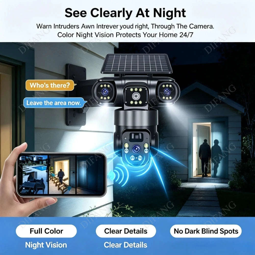 Solar PTZ Security Camera with Triple Lens and Triple Screens-4G Sim Cam 256g Card
