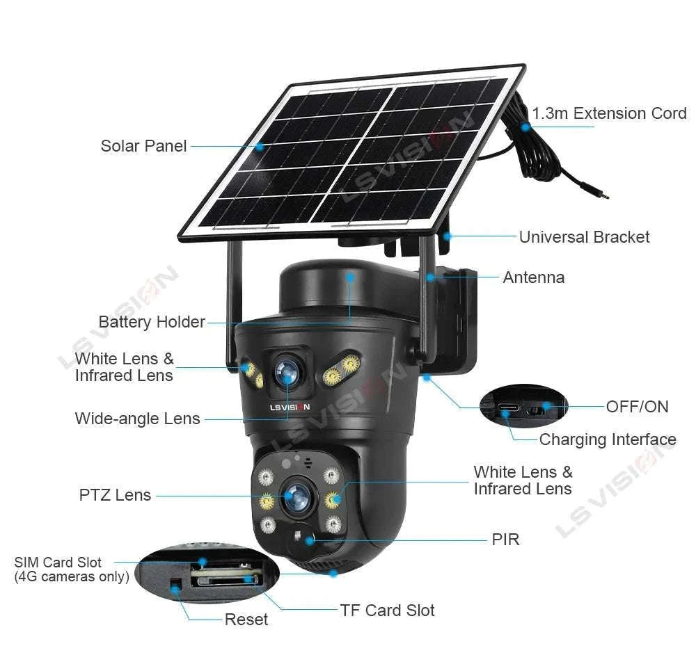 Solar Security Camera 8MP Dual Lens 4G/WiFi PTZ with Night Vision-4G Cam Add 128G / China Mainland