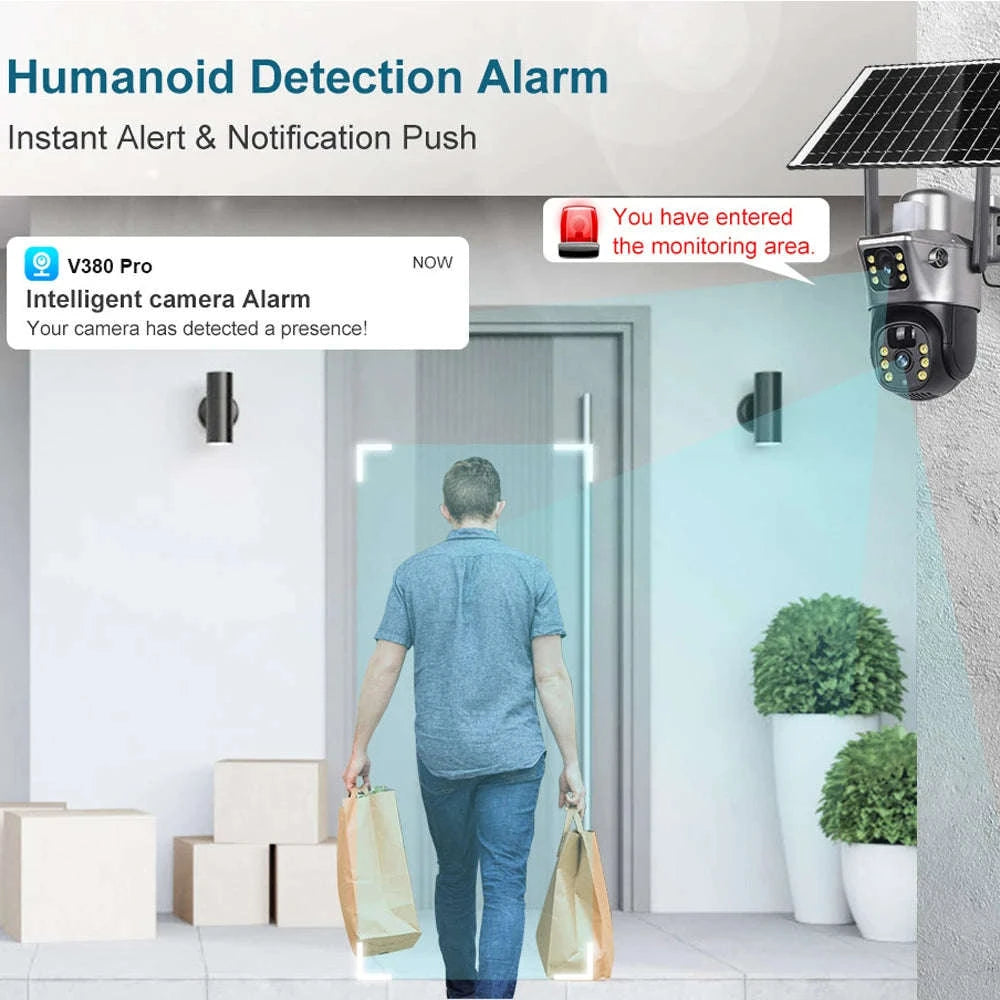 Solar Security Camera Dual Lens 8MP 4K Outdoor WiFi 4G-4G Cam 32GB Card