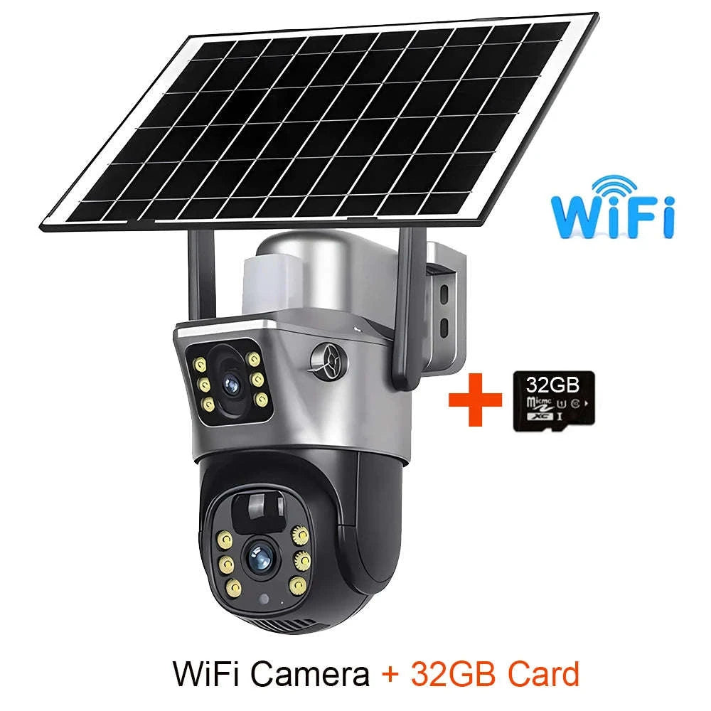 Solar Security Camera Dual Lens 8MP 4K Outdoor WiFi 4G-4G Cam 32GB Card