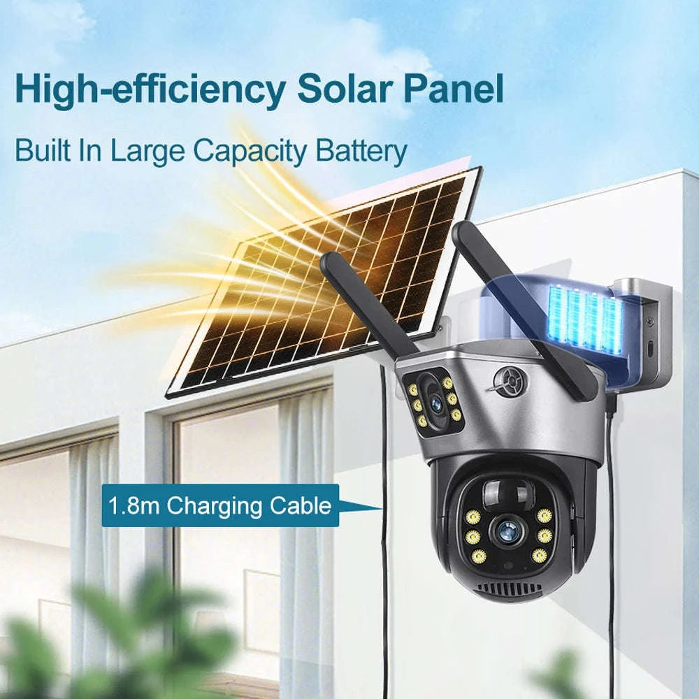 Solar Security Camera Dual Lens 8MP 4K Outdoor WiFi 4G-4G Cam 32GB Card