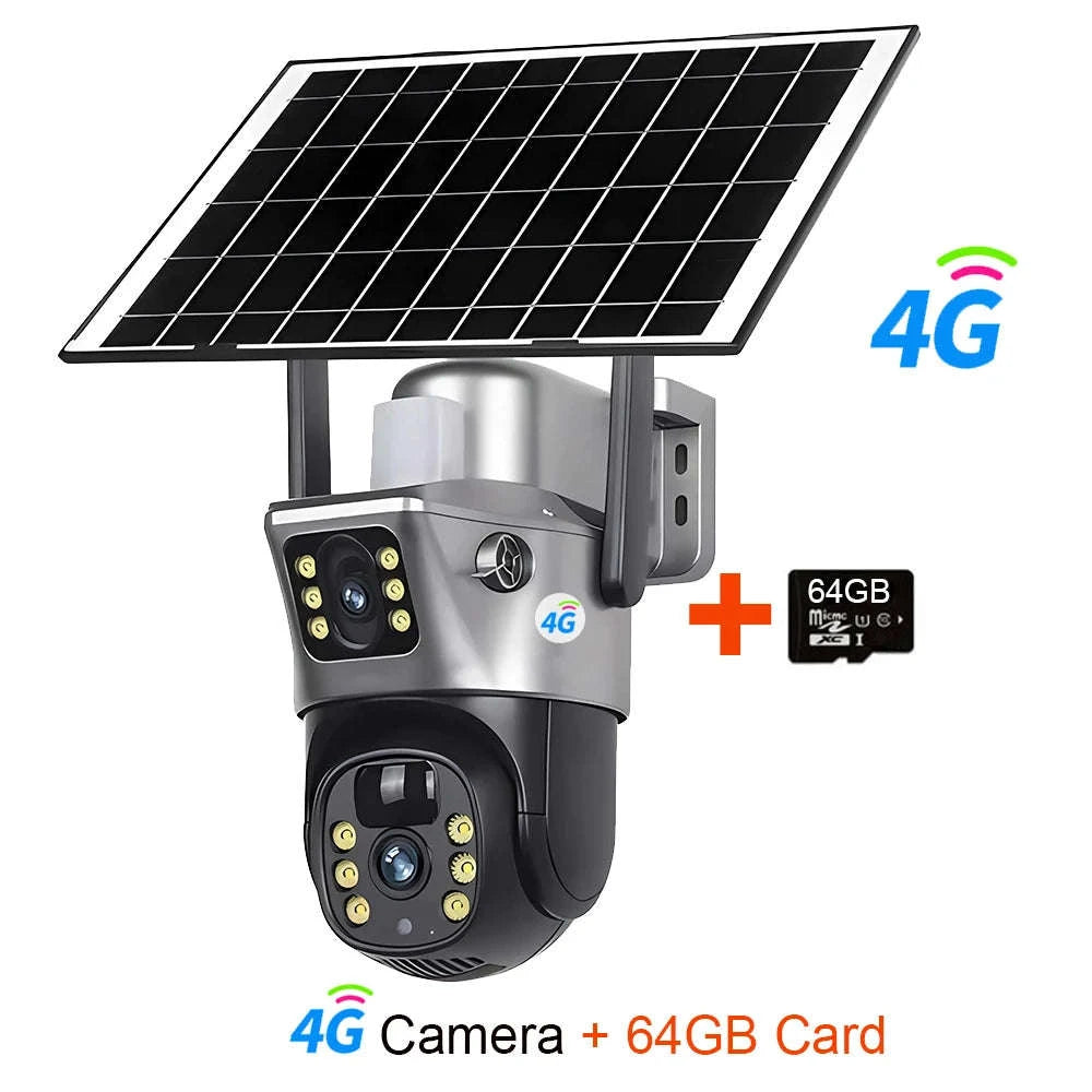 Solar Security Camera Dual Lens 8MP 4K Outdoor WiFi 4G-4G Cam 32GB Card