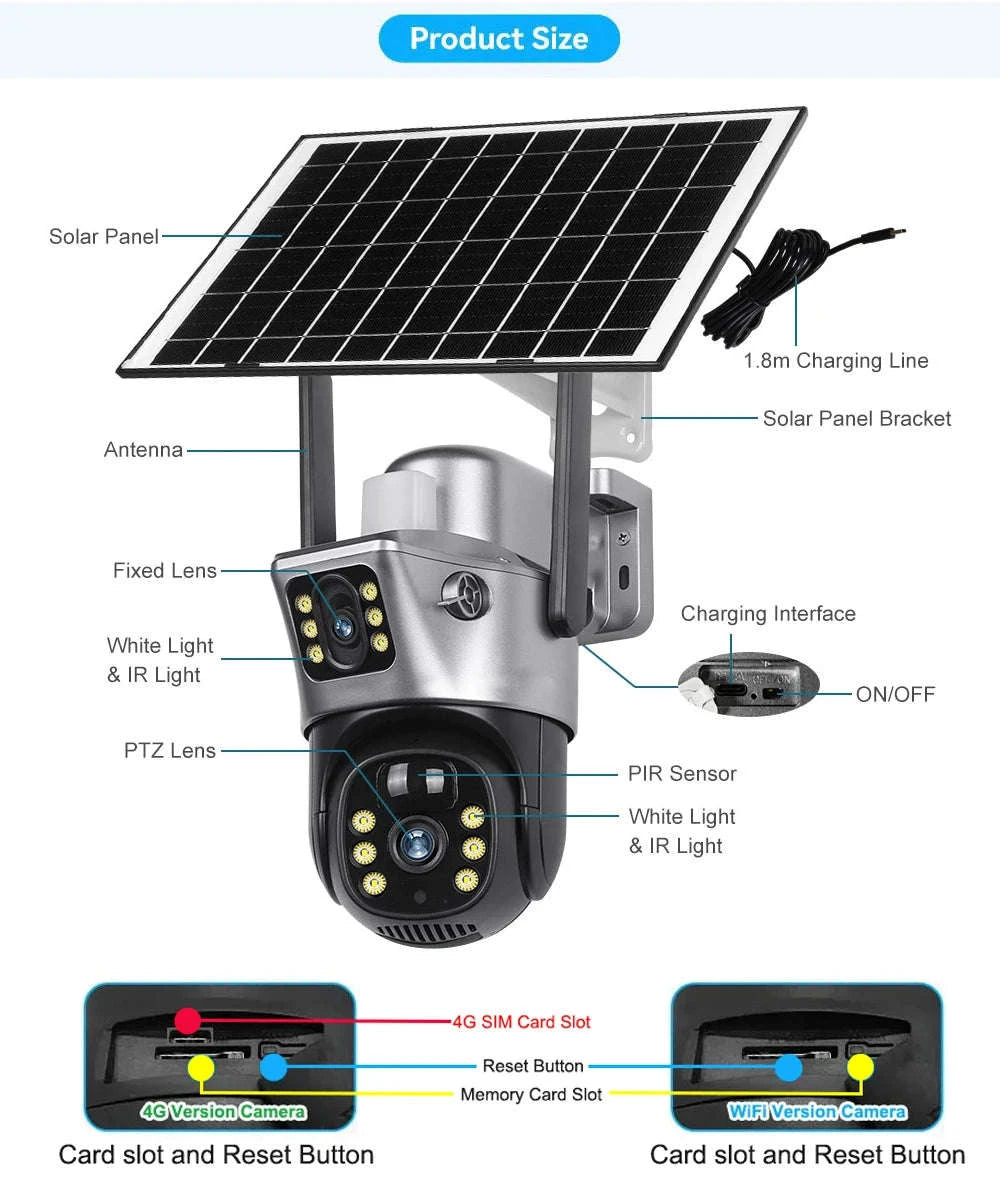 Solar Security Camera Dual Lens 8MP 4K Outdoor WiFi 4G-4G Cam 32GB Card