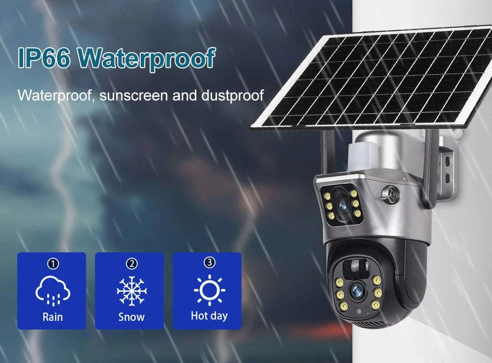 Solar Security Camera Dual Lens 8MP 4K Outdoor WiFi 4G-4G Cam 32GB Card