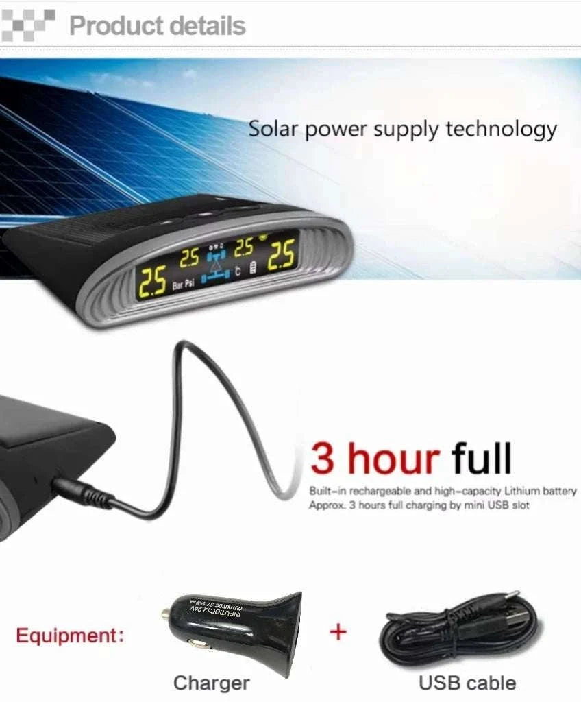 Solar TPMS Tire Pressure Monitor with LCD Display & Safety Alerts-Internal sensor / China Mainland / black