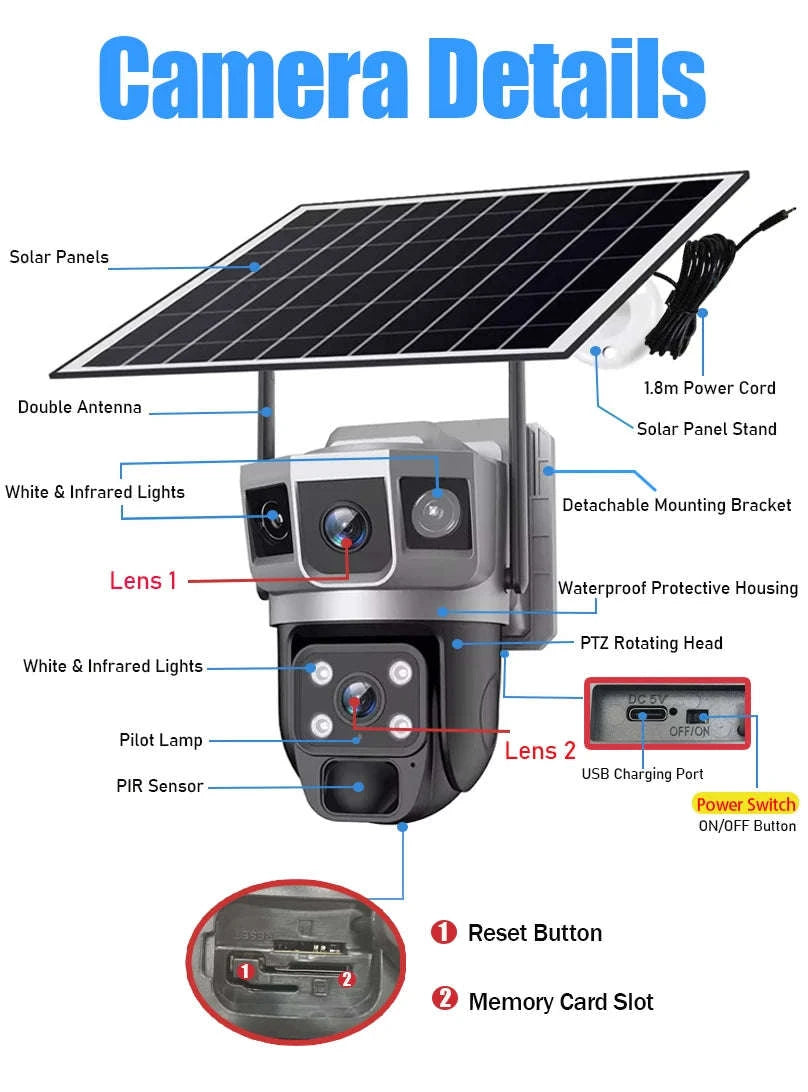 Solar WiFi Security Camera with Triple-Lens Protection-WiFi Cam Add 128G