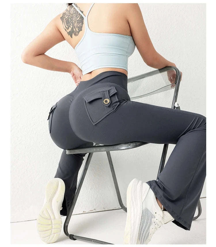 Solid Color Butt Lifting Gym Fitness Pants – High Waist Flared Yoga Leggings for Women-Cocoa color / L