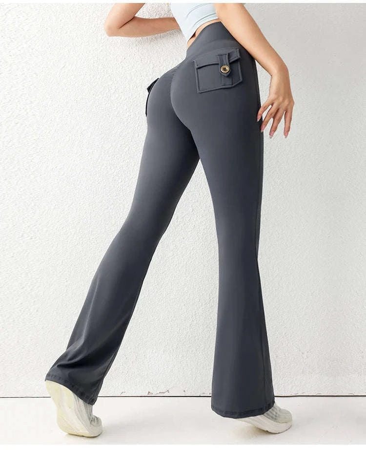 Solid Color Butt Lifting Gym Fitness Pants – High Waist Flared Yoga Leggings for Women-Cocoa color / L