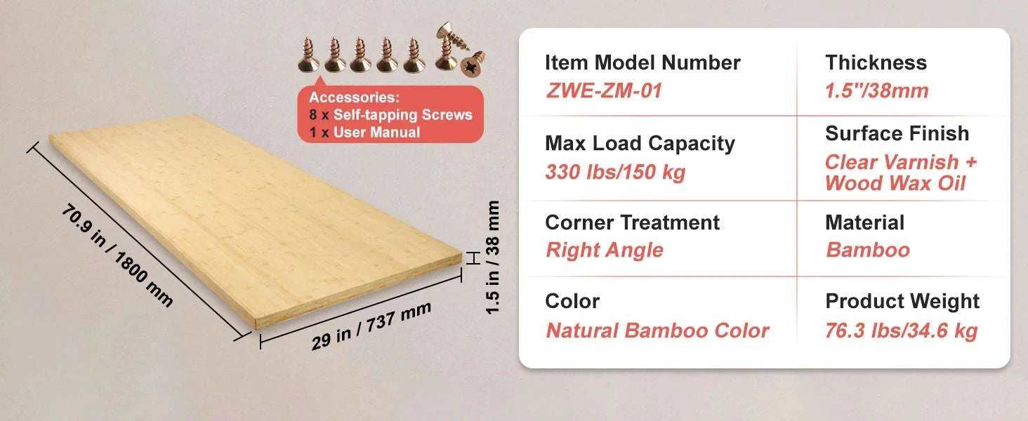 Solid Maple Wood Table Top Desktop 1.5" Thick 330 lb Capacity-