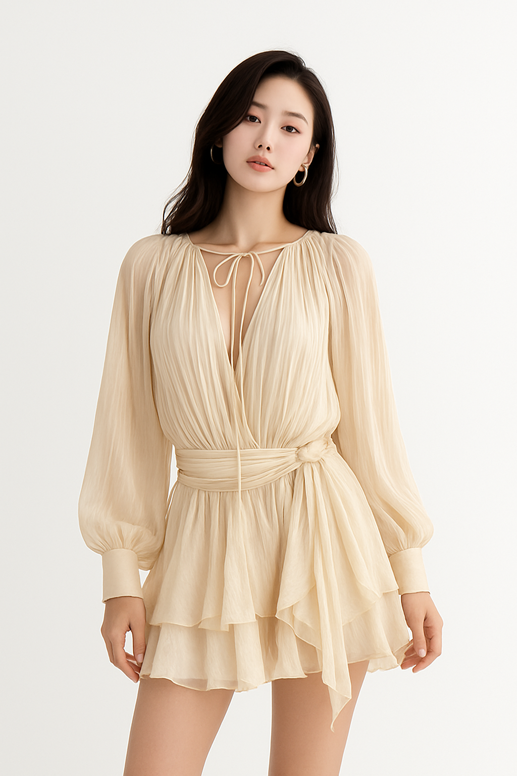 Vestido corto de parches con cordones y mangas largas