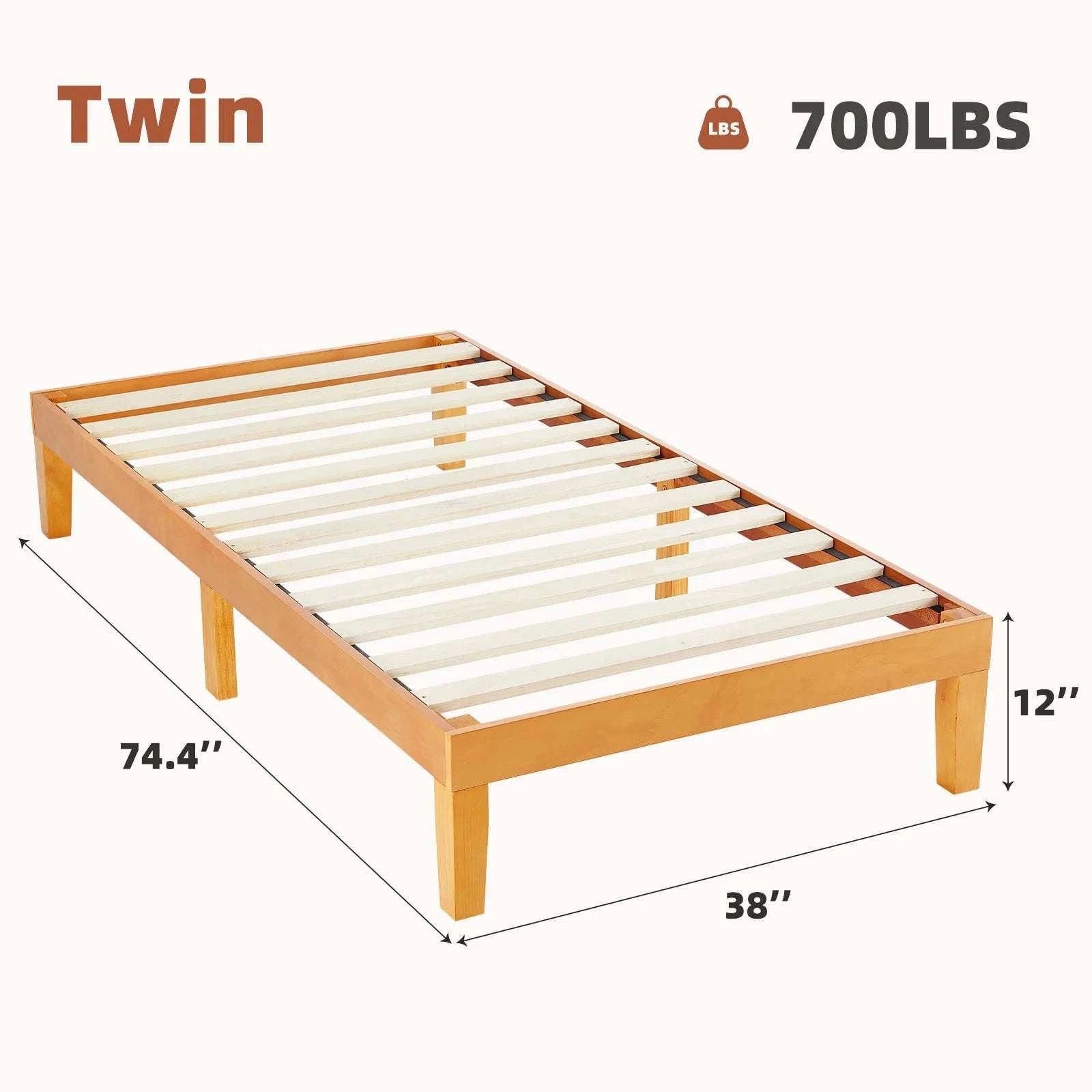 Solid Wood Bed Frame with Sturdy Slats, No Box Spring Needed-Twin / United States