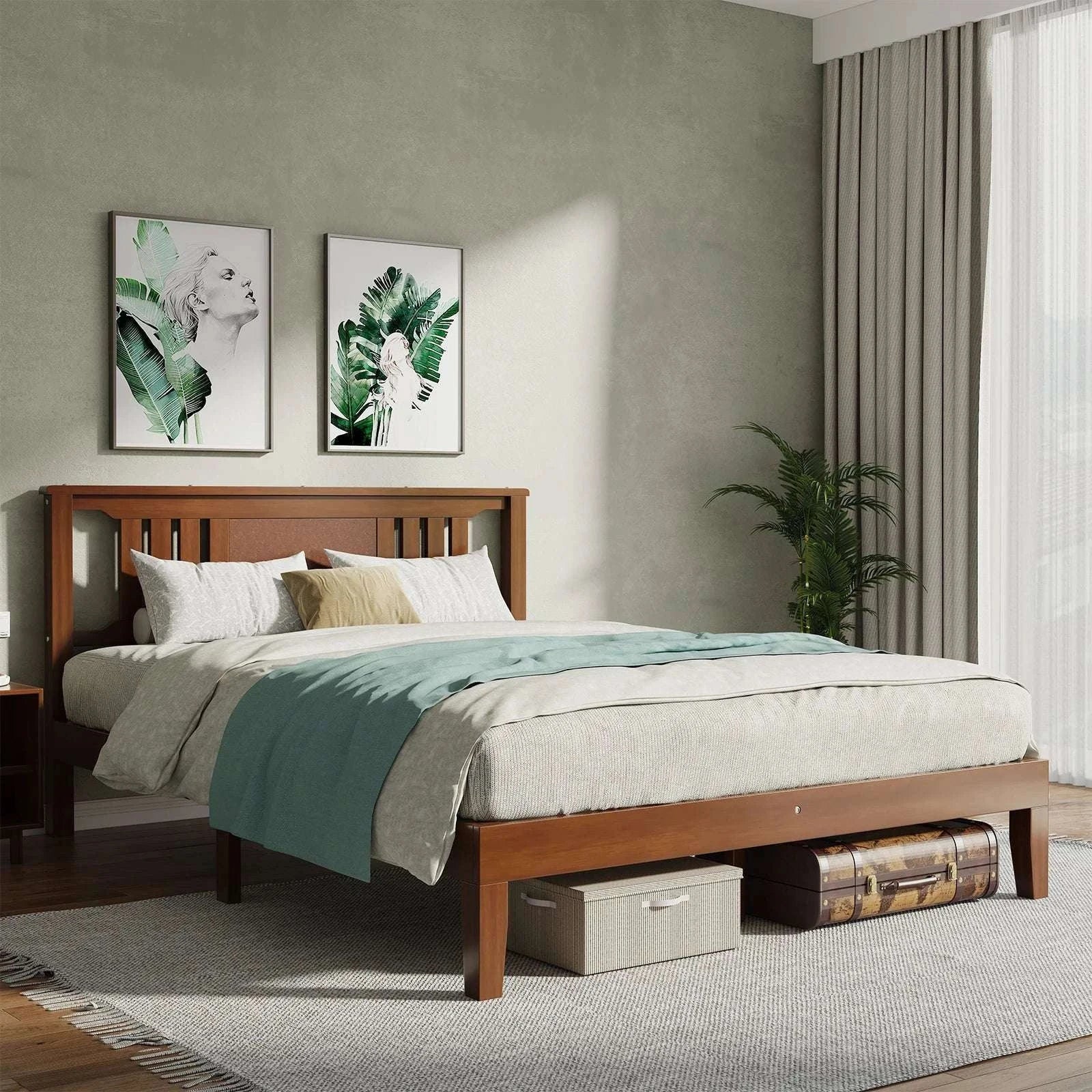 Solid Wood Platform Bed Frame with Headboard and Under-Bed Storage-Brown / Twin / United States
