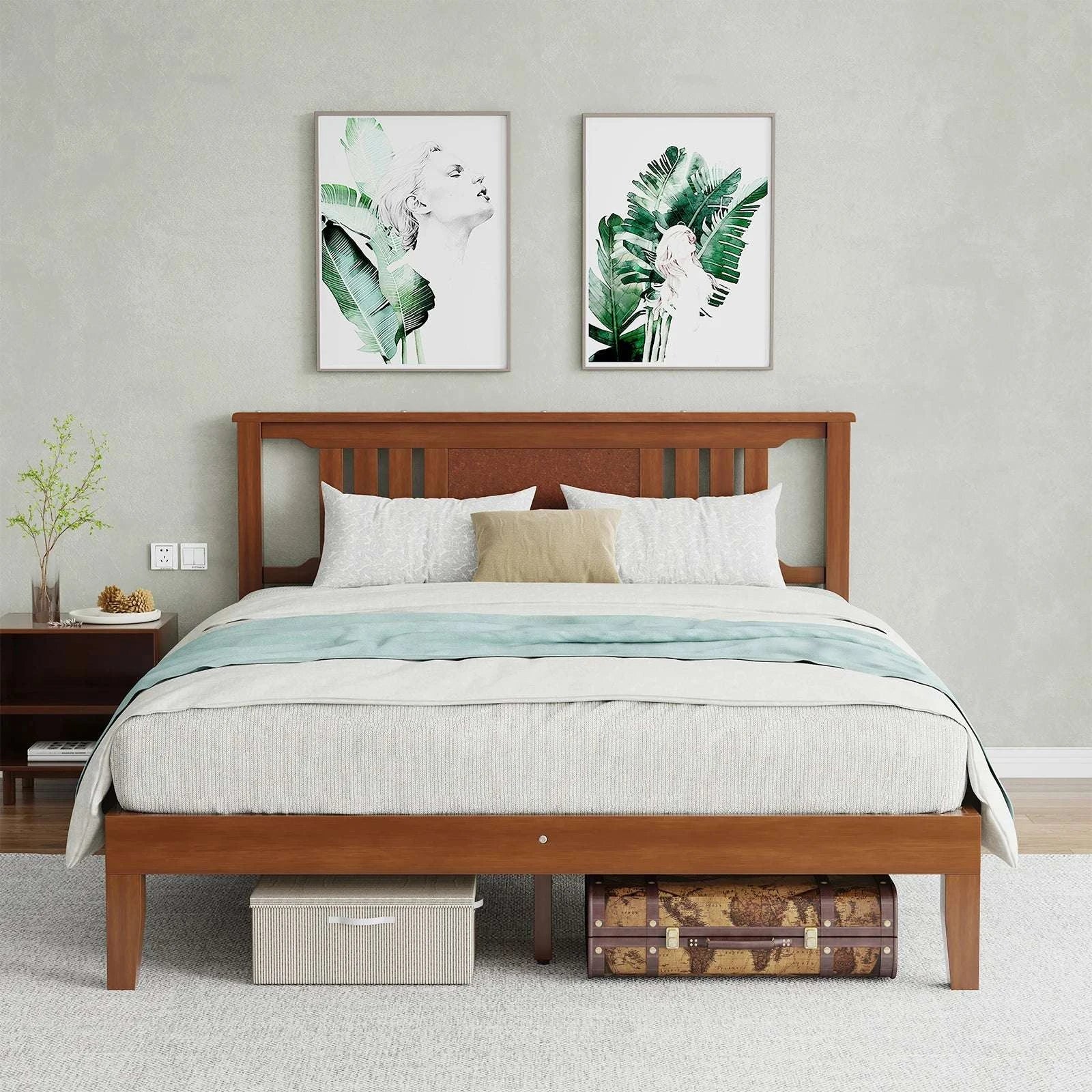 Solid Wood Platform Bed Frame with Headboard and Under-Bed Storage-Brown / Twin / United States