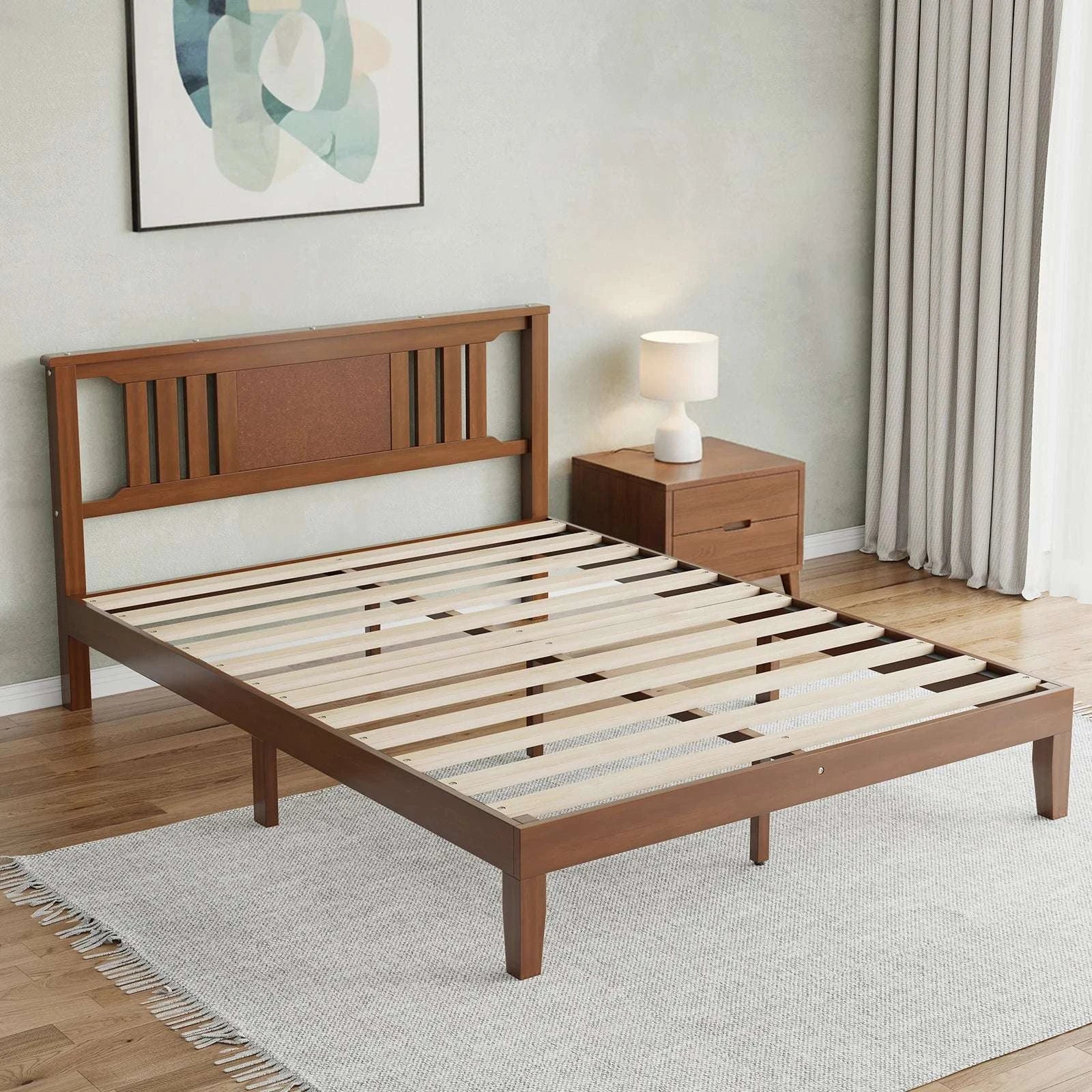 Solid Wood Platform Bed Frame with Headboard and Under-Bed Storage-Brown / Twin / United States