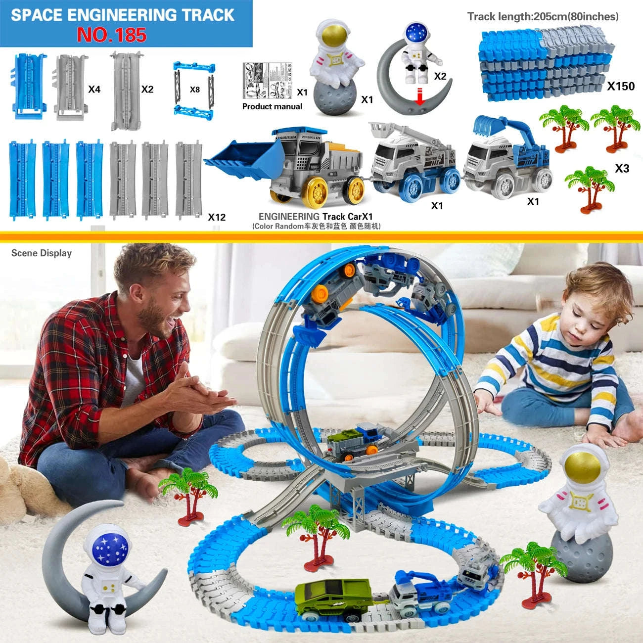 Space Track Toys Magic Climbing Engineering Race Car Track Set--185pcs-track set