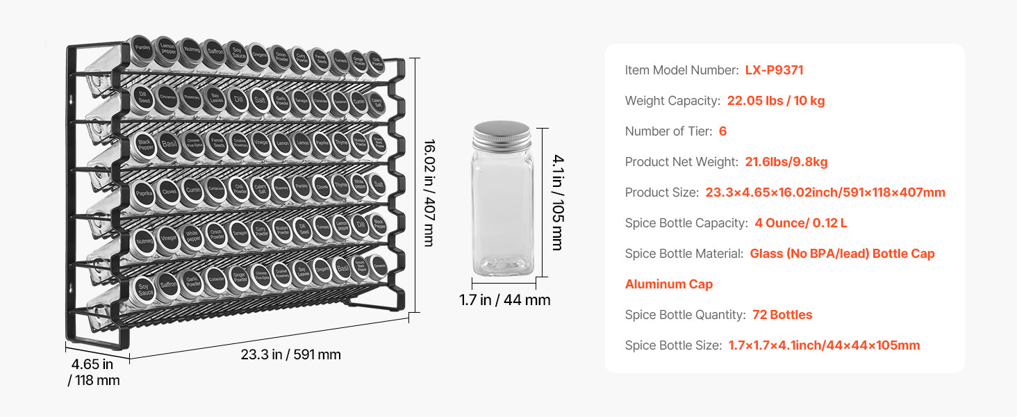 Spice Rack Organizer for Cabinet with 36 Empty Spice Jars, Lids, Labels and Funnel