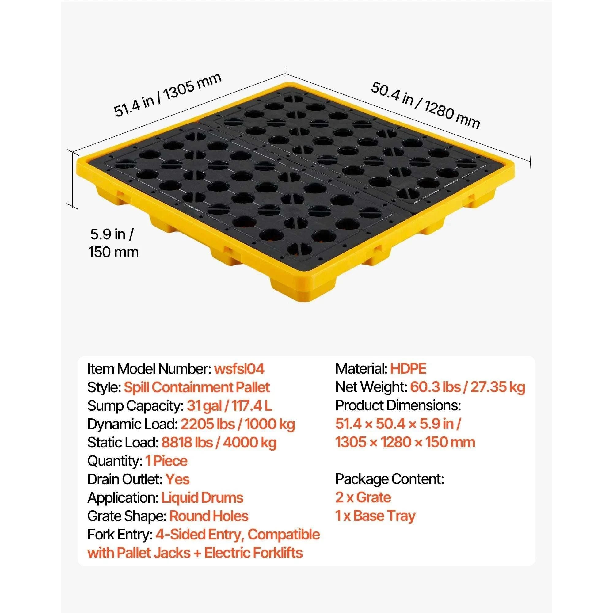Spill Containment Pallet with Drain for 1–4 Drums (11.4–31 Gal)-11.4Gal Sump / United States
