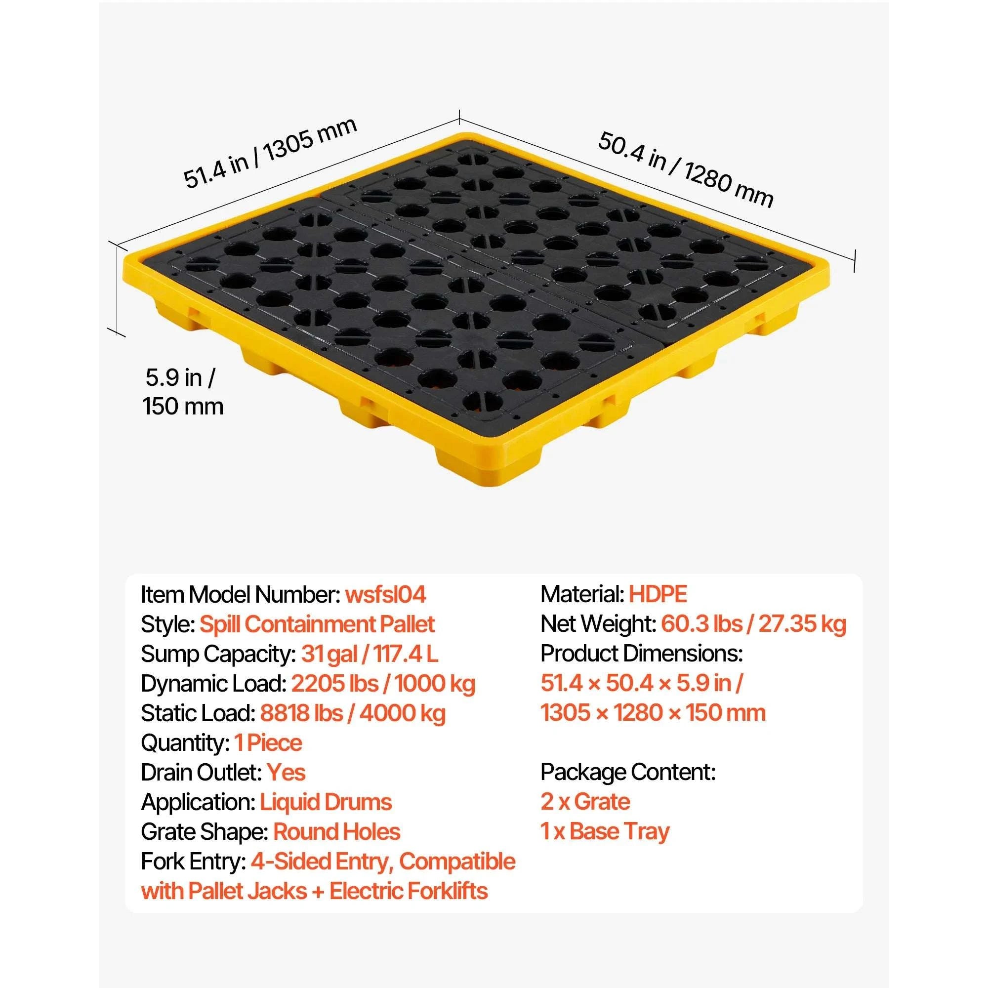 Spill Containment Pallet with Drain for 1–4 Drums (11.4–31 Gal)-11.4Gal Sump / United States