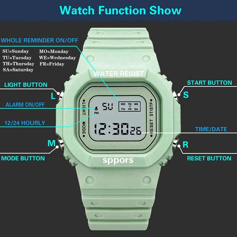 Sports Watch LED Digital Waterproof Square Design-Black