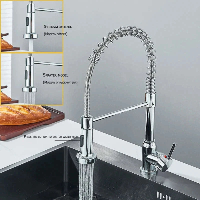Spring Pull Down Kitchen Faucet with Hot and Cold Water-Chrome / GERMANY