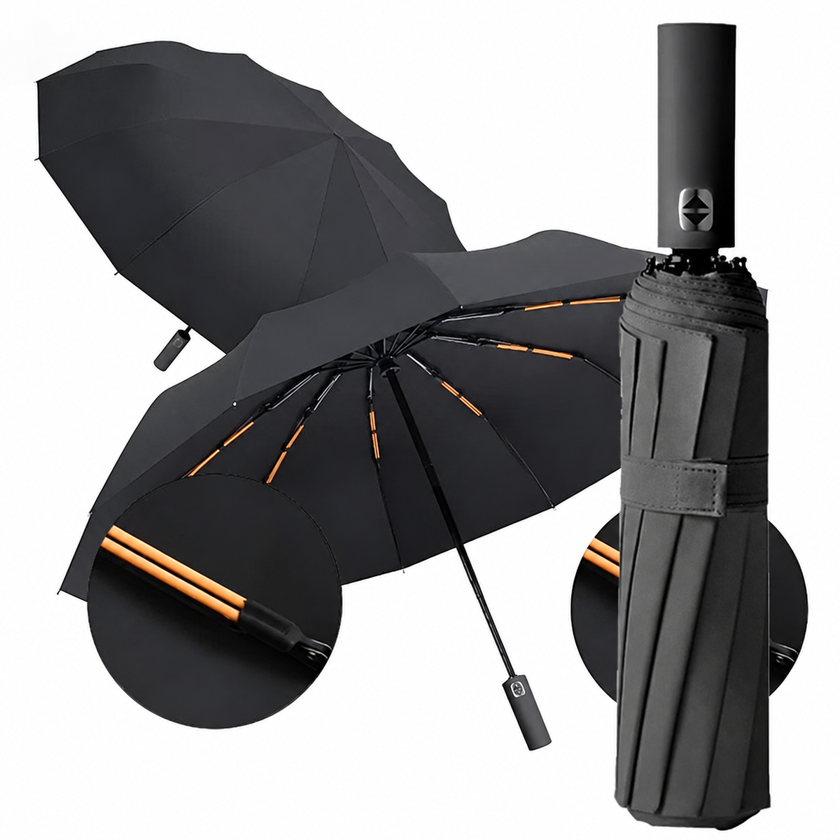 12-Bone Fully Automatic Folding Umbrella with UV Black Coating