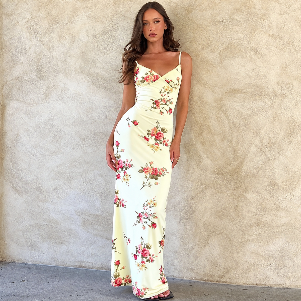 Floral Print Maxi Dress with Open-Back, Square Neckline