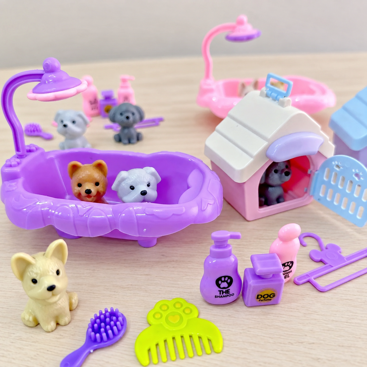 Cute Dog Doll Set with Basket and Play Scene