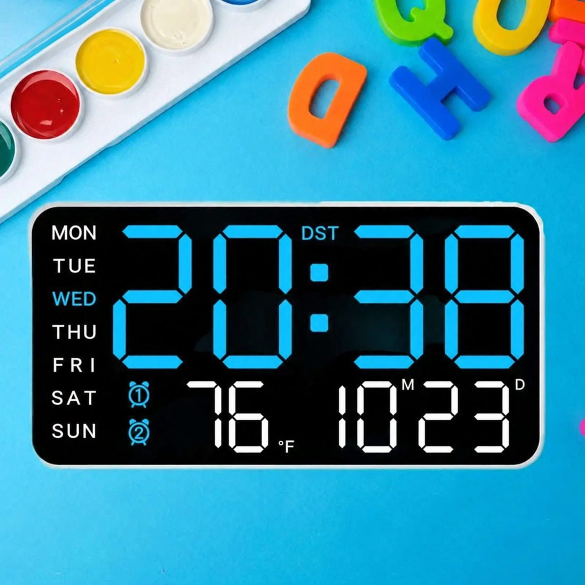 Large LED Digital Wall Clock with Temperature, Date & Remote Control