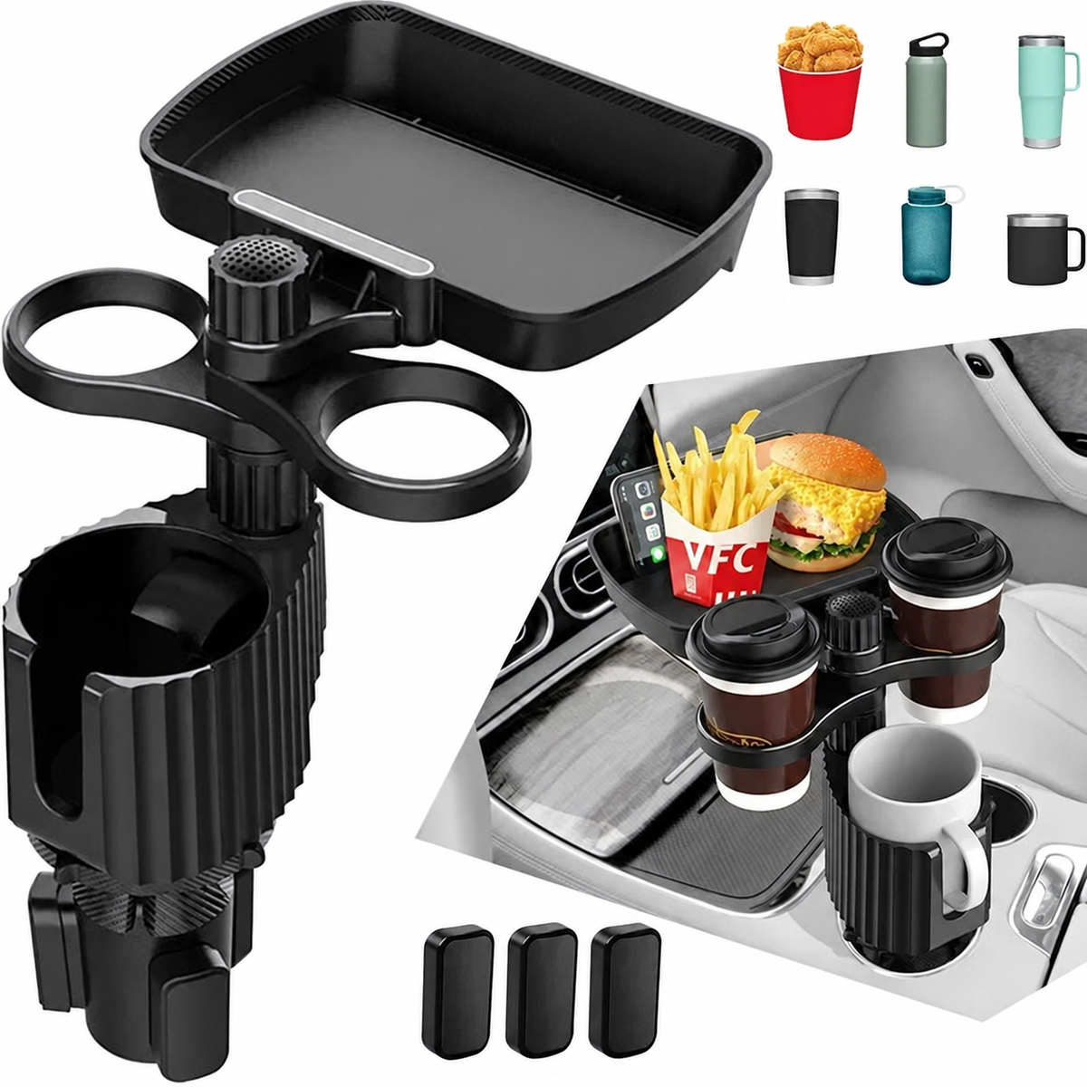 Detachable Car Cup Holder Expander Tray with Food Tray