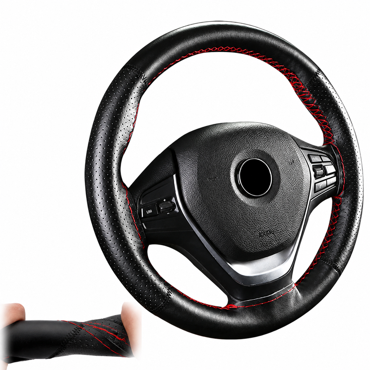 Sew-On Leather Steering Wheel Cover – Black or Black/Red