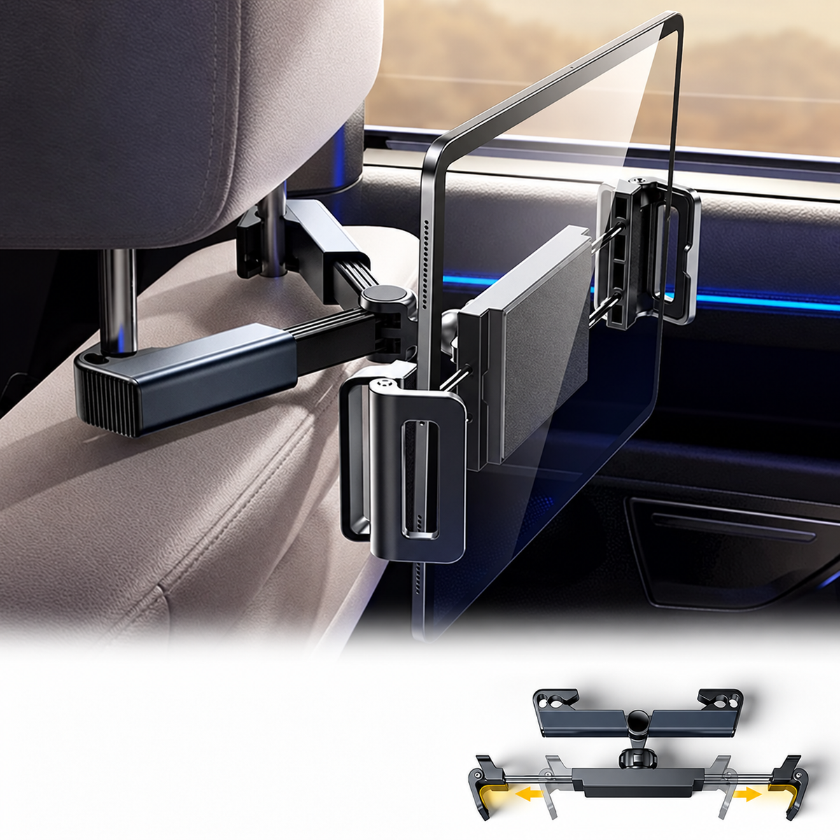 Telescopic Headrest Phone and Tablet Holder – Black