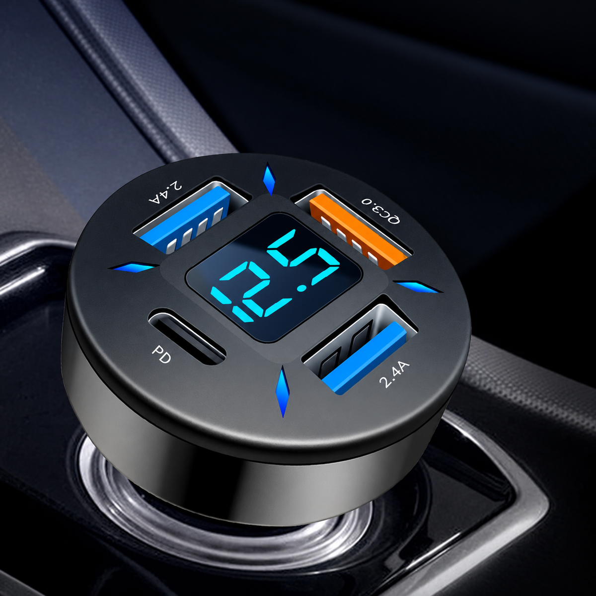 Four-Port Vehicle USB Charger with Voltage Display