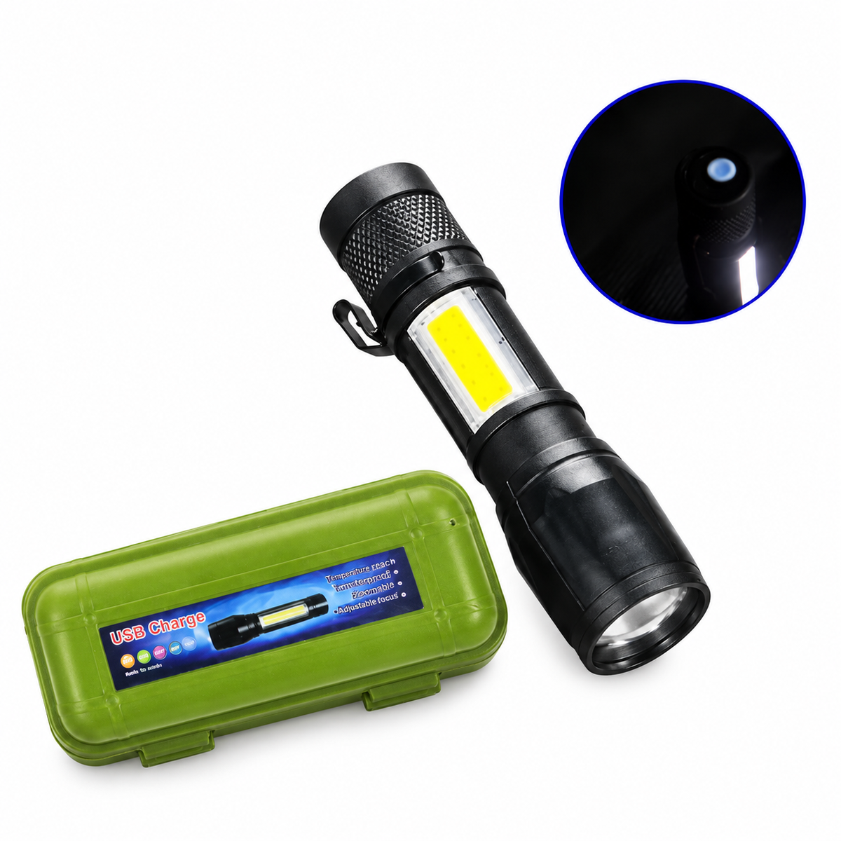 Mini Rechargeable Flashlight with Adjustable Focus and Side Light