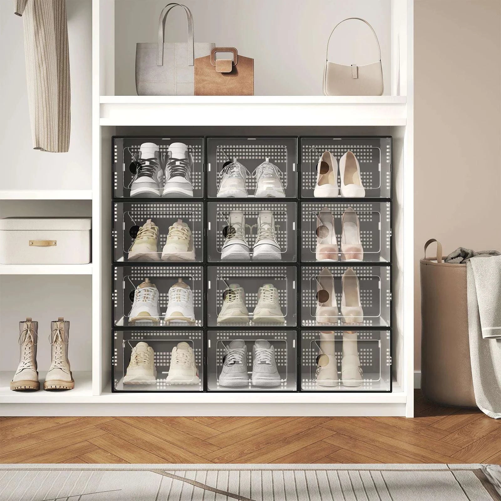 Stackable Clear Shoe Organizer Boxes with Lids (12/15 Pack)-12pc Black / United States