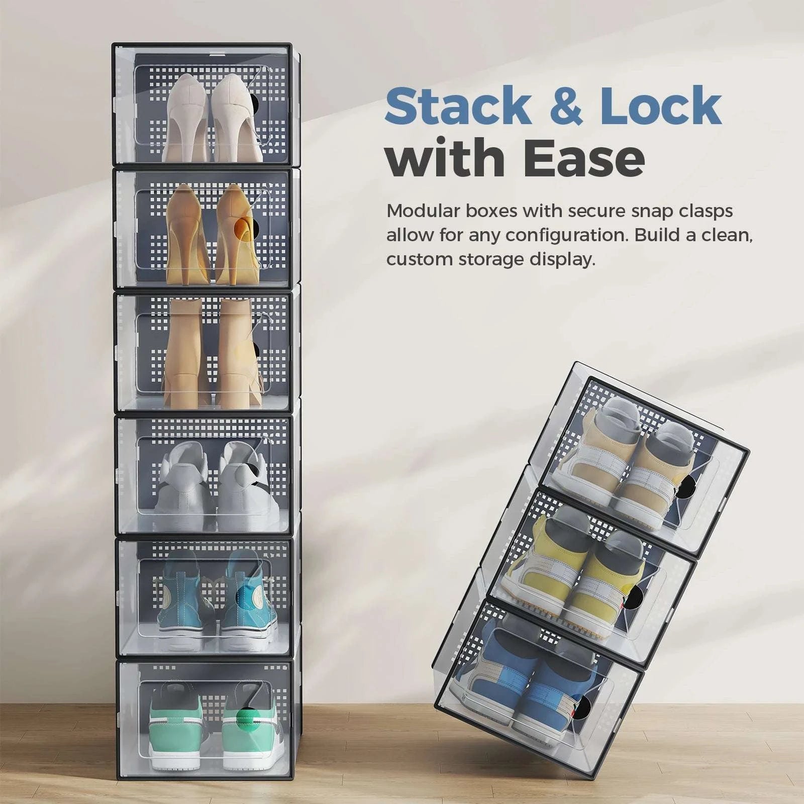Stackable Clear Shoe Organizer Boxes with Lids (12/15 Pack)-12pc Black / United States