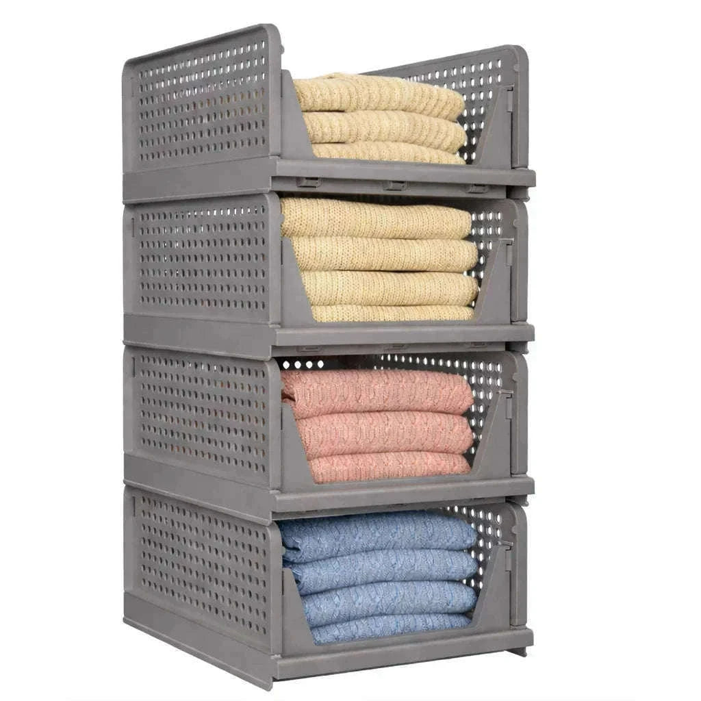 Stackable Folding Wardrobe Storage Boxes with Pull-Out Drawers-ES-GRAY-4PCS / france