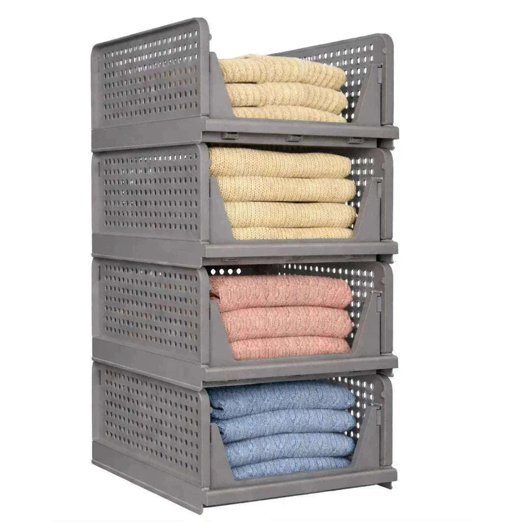 Stackable Folding Wardrobe Storage Boxes with Pull-Out Drawers-ES-GRAY-4PCS / france