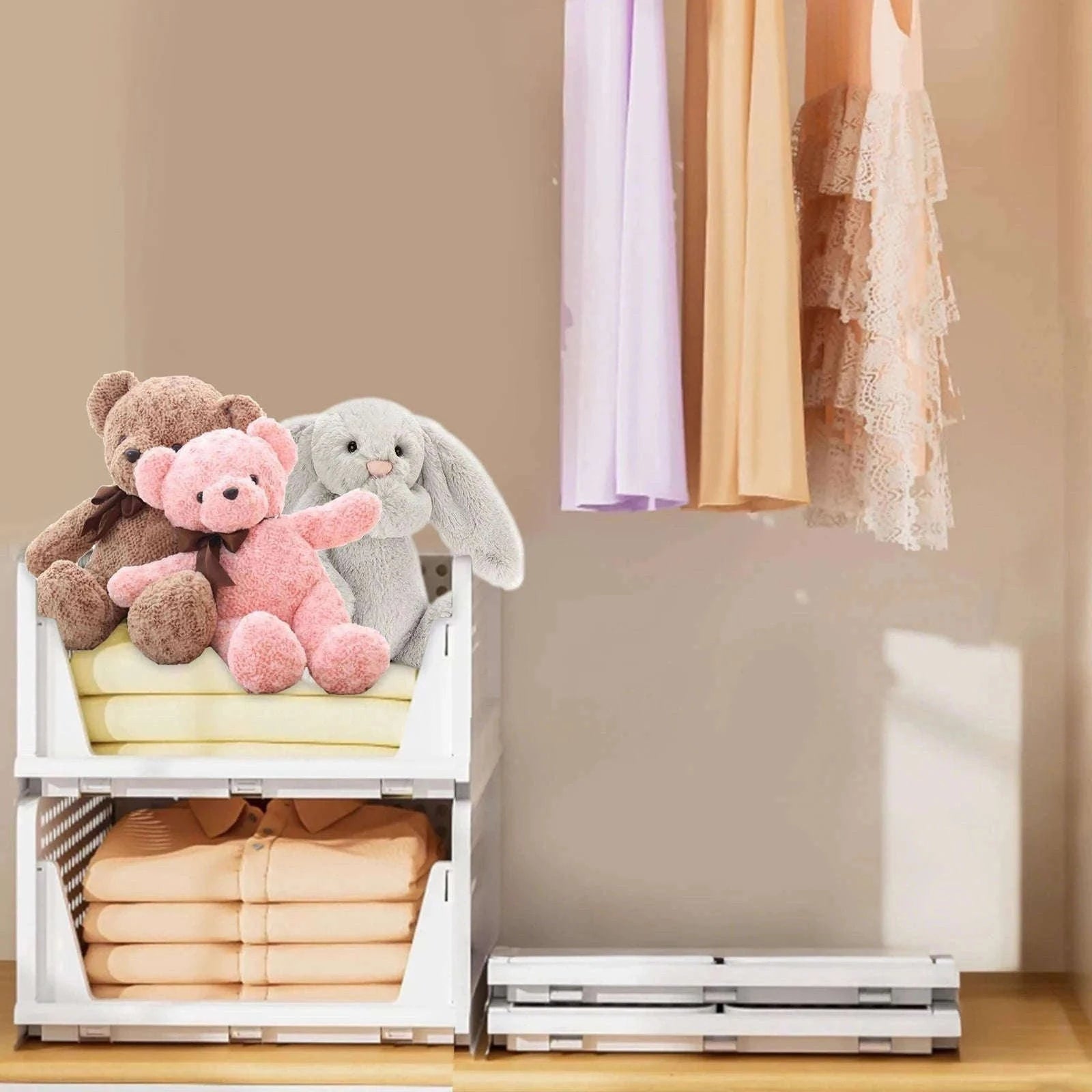 Stackable Folding Wardrobe Storage Boxes with Pull-Out Drawers-ES-GRAY-4PCS / france