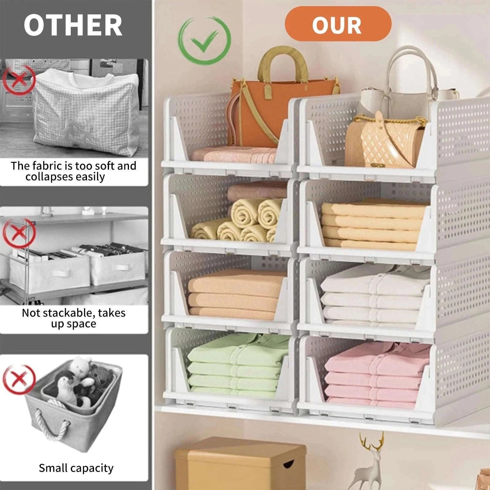 Stackable Folding Wardrobe Storage Boxes with Pull-Out Drawers-ES-GRAY-4PCS / france
