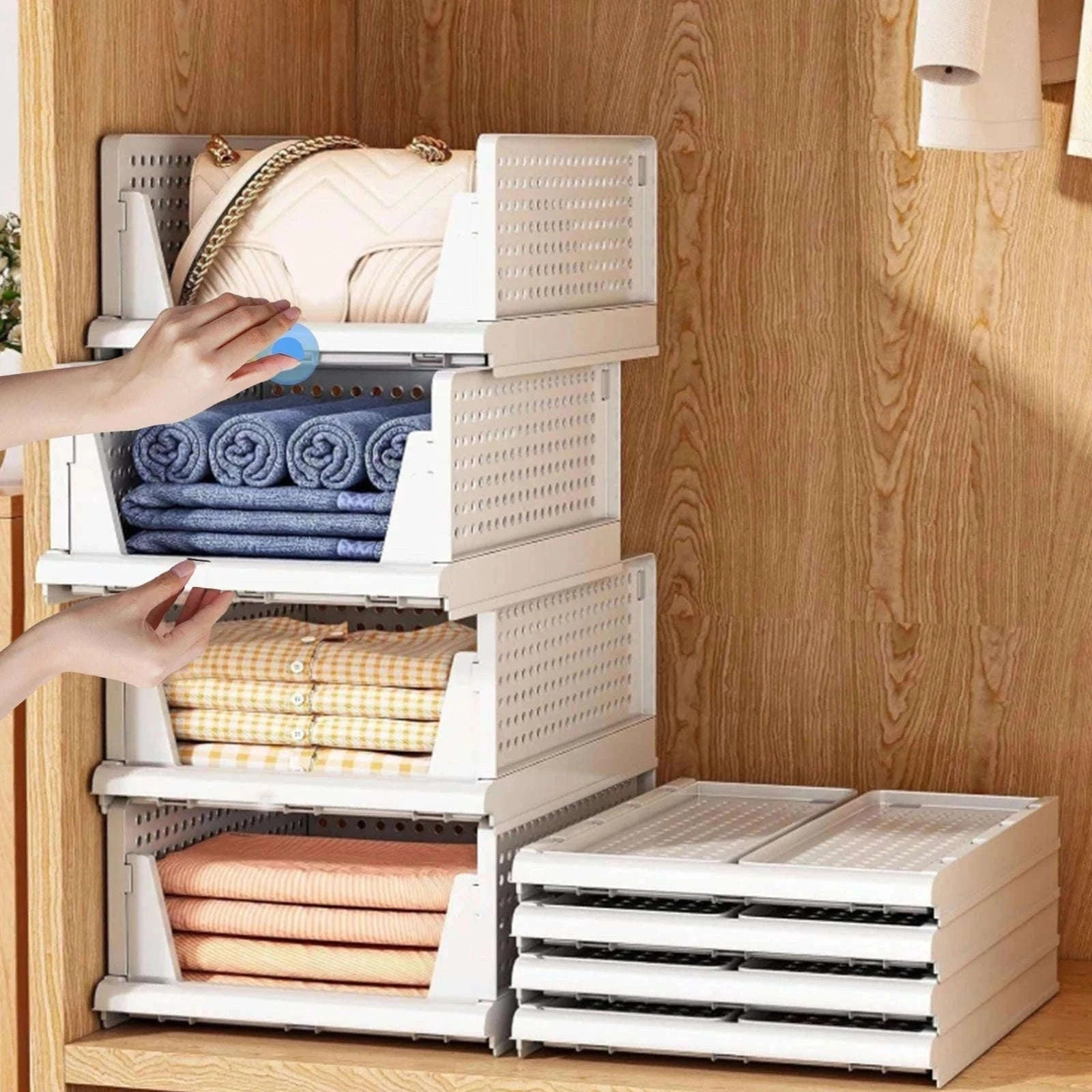 Stackable Folding Wardrobe Storage Boxes with Pull-Out Drawers-ES-GRAY-4PCS / france