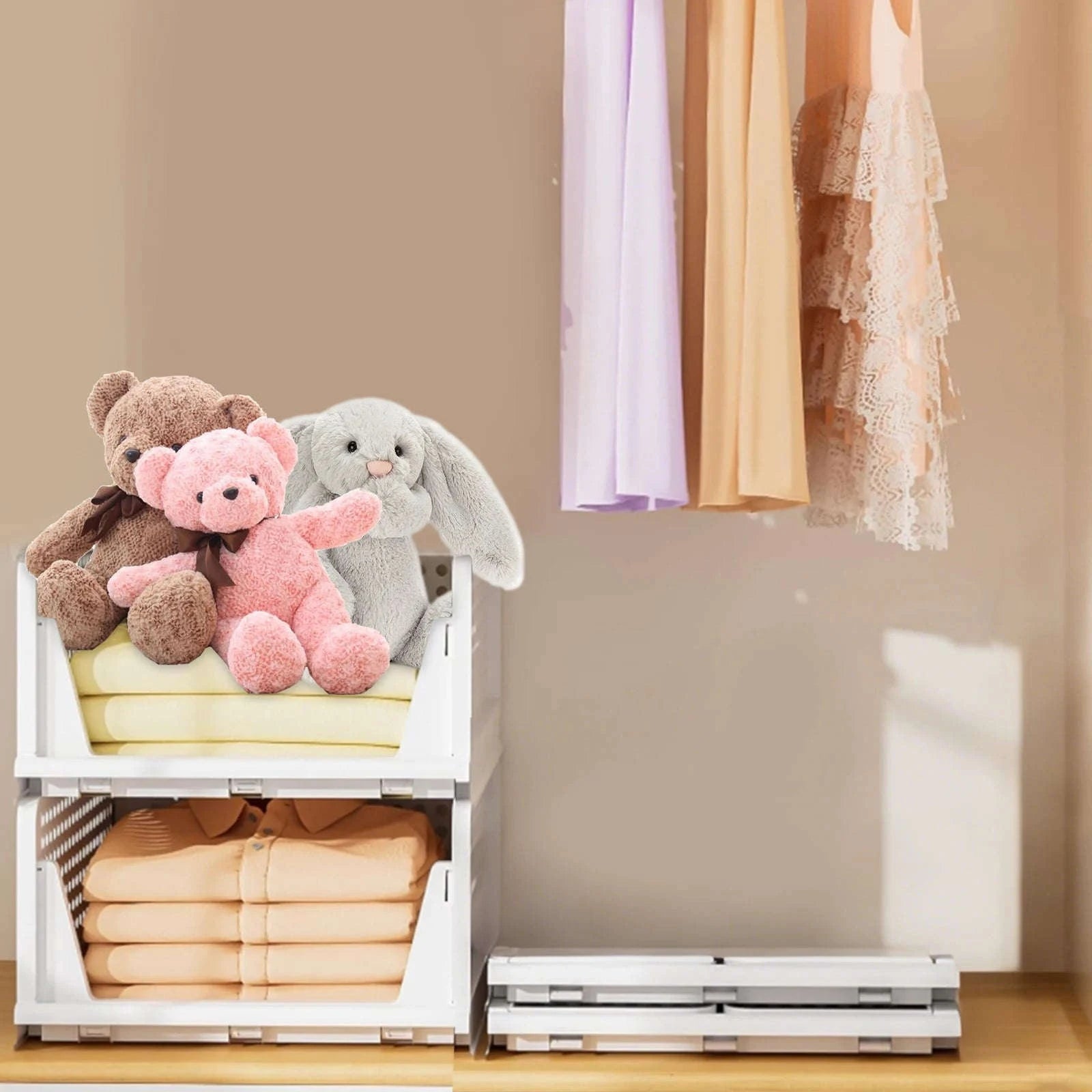 Stackable Folding Wardrobe Storage Boxes with Pull-Out Drawers-ES-WHITE-4PCS / france