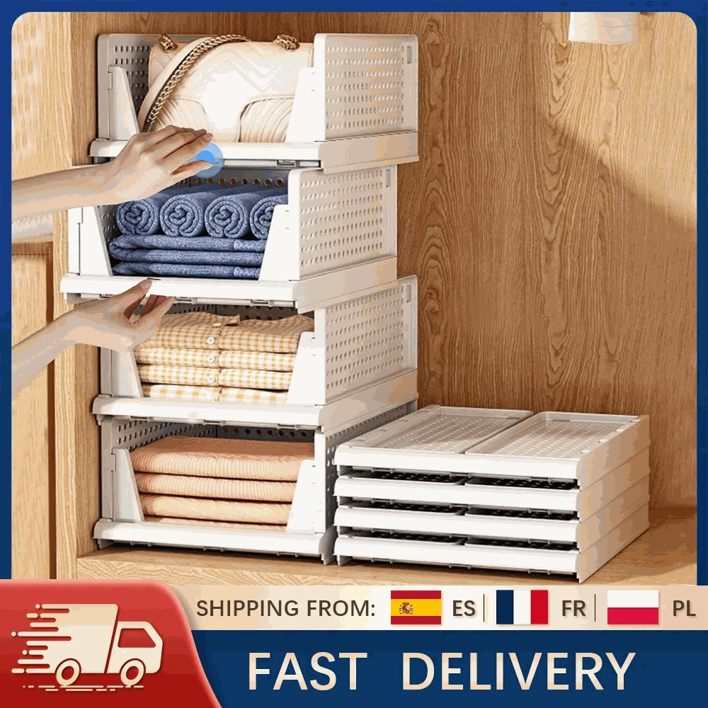 Stackable Folding Wardrobe Storage Boxes with Pull-Out Drawers-ES-WHITE-4PCS / france