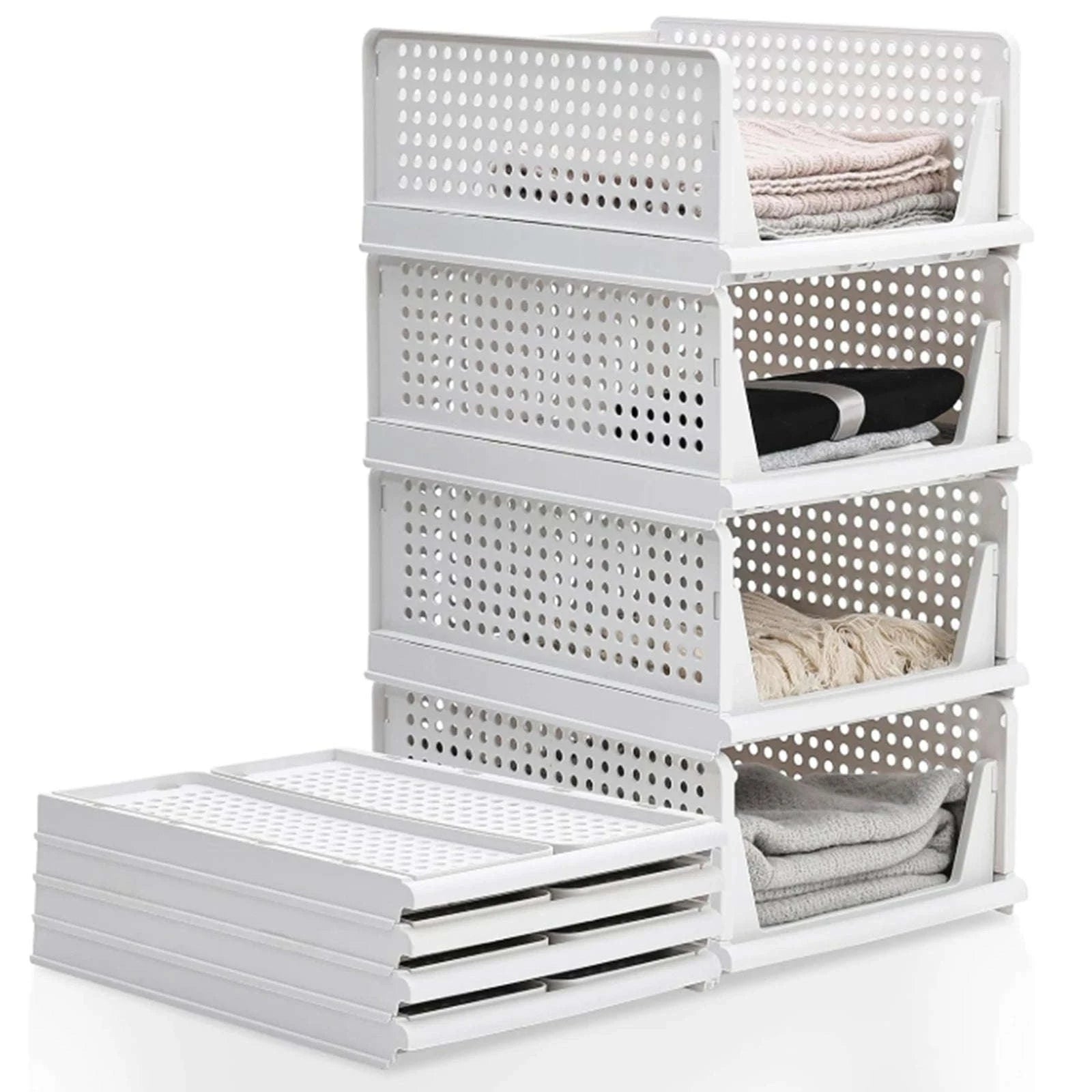Stackable Folding Wardrobe Storage Boxes with Pull-Out Drawers-ES-WHITE-4PCS / france