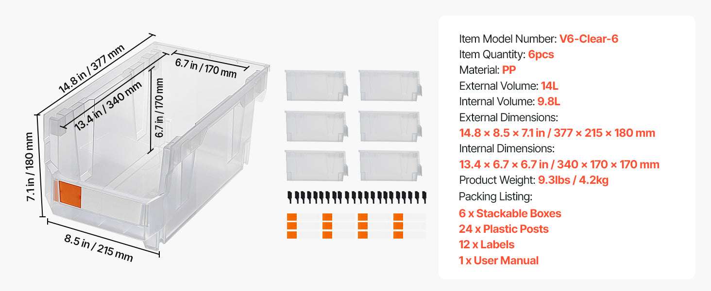 Stackable Storage Bins Set of 6 with Front Access Organizer Boxes-Transparent / france