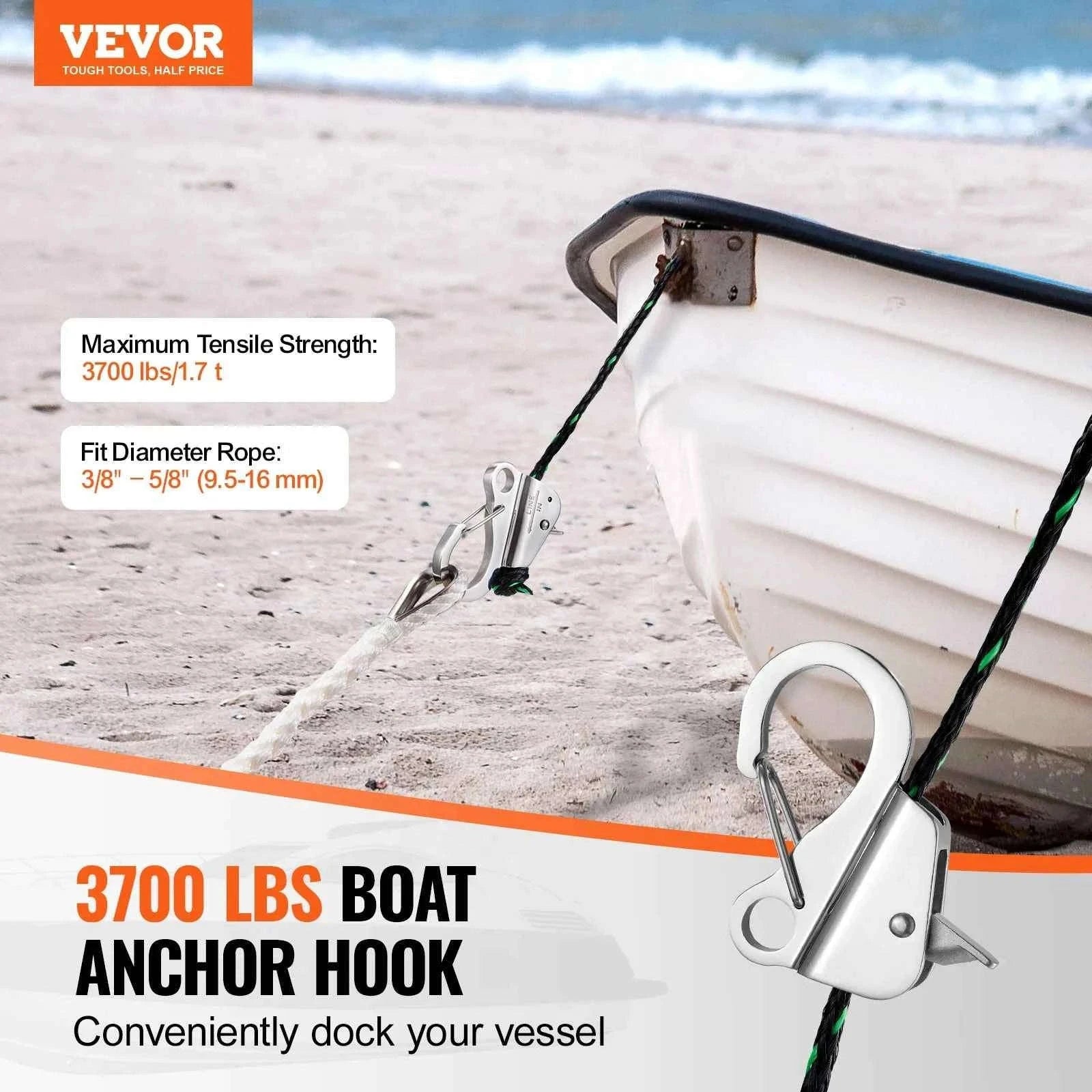 Stainless Steel Boat Anchor Hook with Slide Clamp for 3/8"-5/8" Rope-Stainless Steel / United States